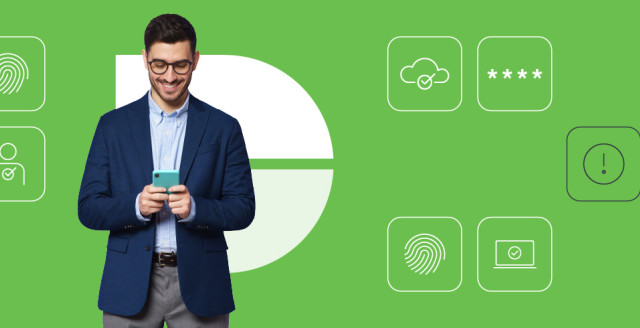 Man using a mobile device in front of a green checkered background