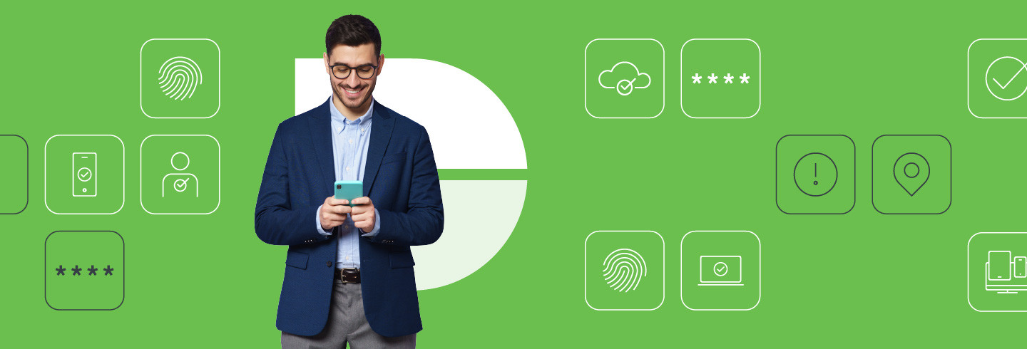 Man using a mobile device in front of a green checkered background