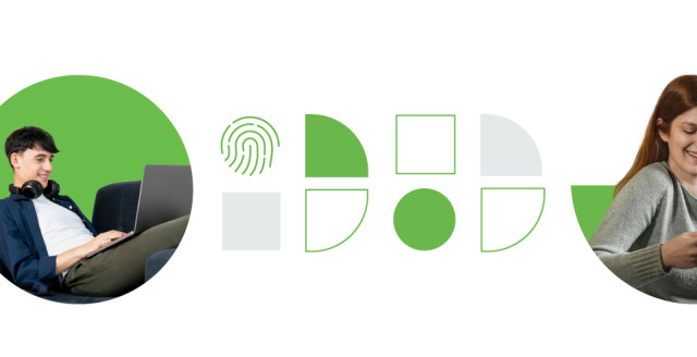 Two people work at mobile devices in front of a stylized Duo logo