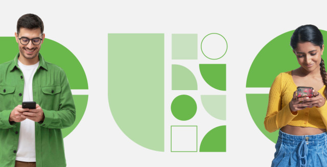 Two people using devices standing in front of a stylized Duo logo