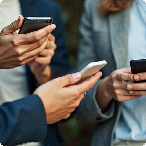 A close-up image of three people holding and using smartphones as trusted devices. The focus is on their hands and phones, emphasizing secure communication.